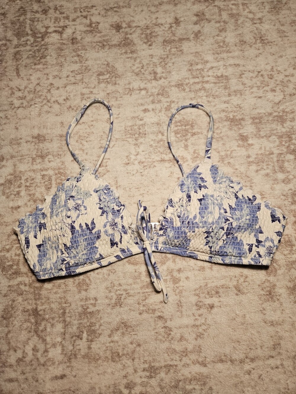 Hollister White and Blue Floral Shirred Bikini Top